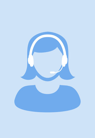 Das Bild zeigt eine stilisierte Person mit Kopfhörern und Mikrofon, die für Kundenservice oder technischen Support steht.