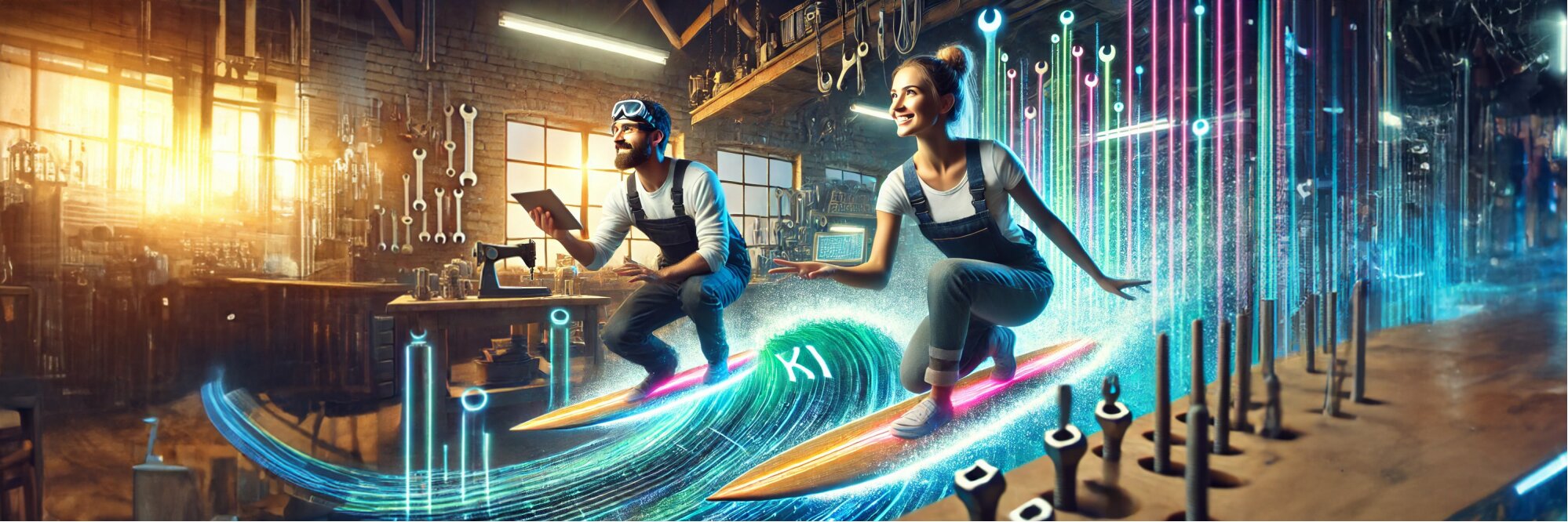 Das Bild zeigt zwei Surfer, die auf futuristischen Wellen surfen. Eine dynamische, digitale Umgebung umgibt sie, die Technologie und Kreativität vereint.