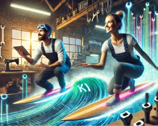 Das Bild zeigt zwei Surfer, die auf futuristischen Wellen surfen. Eine dynamische, digitale Umgebung umgibt sie, die Technologie und Kreativität vereint.