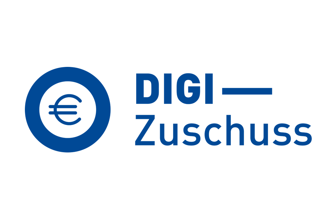 Das Bild zeigt das Logo des DIGI-Zuschusses. Es besteht aus einem Kreissymbol mit einem Euro-Zeichen und dem Schriftzug „DIGI-Zuschuss“.