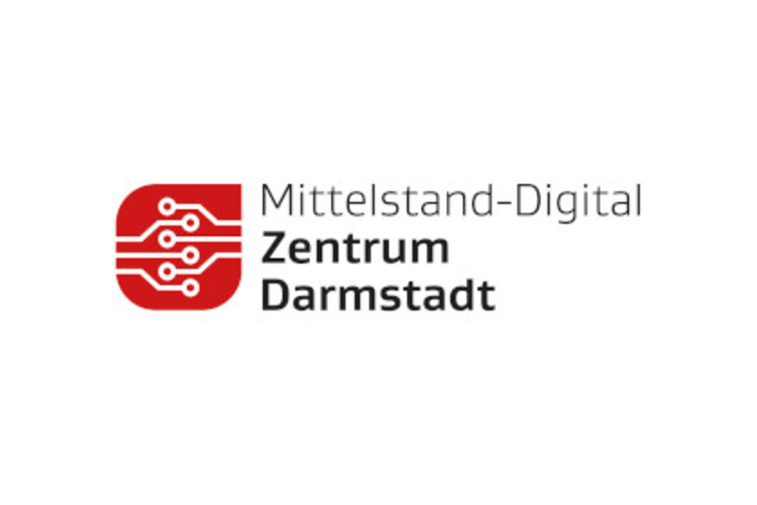 Das Bild zeigt das Logo des "Mittelstand-Digital Zentrum Darmstadt" mit einem modernen, grafischen Design und roten sowie schwarzen Elementen.