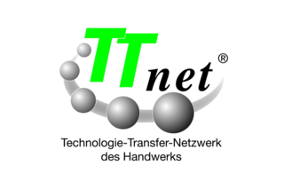 Das Bild zeigt das Logo des Technologie-Transfer-Netzwerks (TTnet) des Handwerks. Es besteht aus stilisierten Buchstaben und Kugeln.
