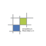 Das Bild zeigt das Logo des Umweltforums Rhein-Main e.V. mit einem minimalistischen Design in Blau, Grün und Grau.