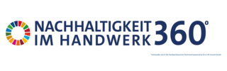Das Bild zeigt das Logo „Nachhaltigkeit im Handwerk 360°“ mit buntem Symbol und Schriftzug, der Nachhaltigkeit im Handwerk betont.