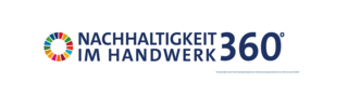 Das Bild zeigt das Logo "Nachhaltigkeit im Handwerk 360°" mit einem bunten Symbol und dem Fokus auf nachhaltige Praktiken im Handwerk.