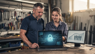 Ein Mann und eine Frau stehen mit ihrem Laptop in der Werkstatt.
