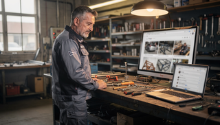 Ein Mann steht mit seinem Laptop in der Werkstatt.