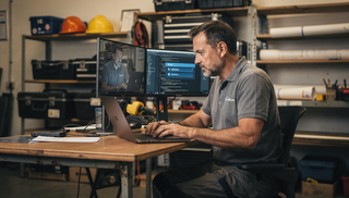 Ein Mann steht mit seinem Laptop in der Werkstatt.