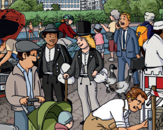 Das Bild zeigt eine belebte Szene mit Menschen, die verschiedenen Aktivitäten nachgehen, darunter ein Mechaniker, Verkäufer und Entenküken.