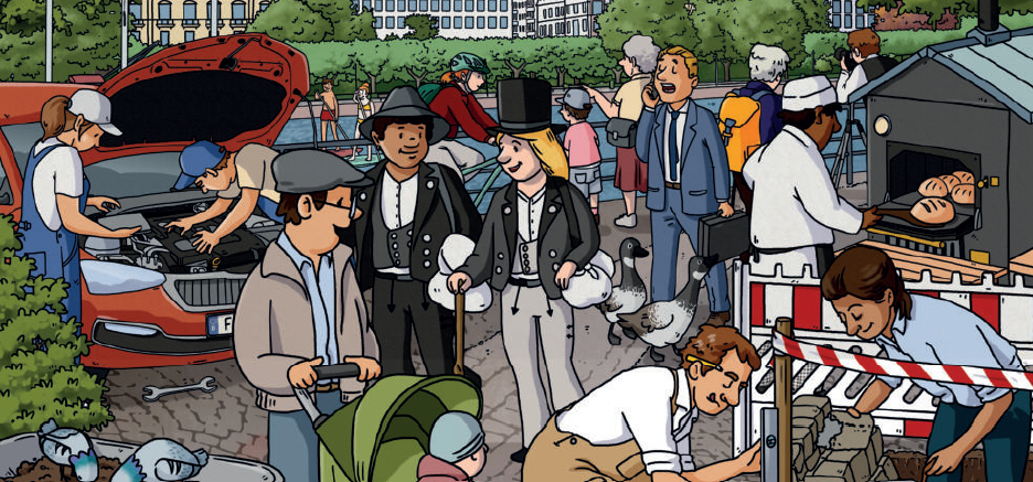 Das Bild zeigt eine belebte Szene mit Menschen, die verschiedenen Aktivitäten nachgehen, darunter ein Mechaniker, Verkäufer und Entenküken.