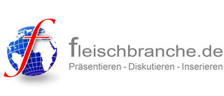 Das Bild zeigt das Logo von fleischbranche.de, mit einer Weltkugel und dem Slogan „Präsentieren - Diskutieren - Inserieren“.