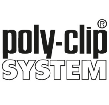 Das Bild zeigt das Logo des "poly-clip SYSTEM", mit einem modernen Schriftzug in Schwarz und Weiß, der die Markenidentität betont.
