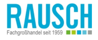 Das Bild zeigt das Logo der Firma Rausch, die seit 1959 im Fachgroßhandel tätig ist, mit einer modernen Schriftart und farbigen Akzenten.