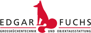 Das Bild ist ein Logo von "Edgar Fuchs". Es zeigt einen roten Fuchs und betont die Bereiche Großküchentechnik und Objekt-Ausstattung.