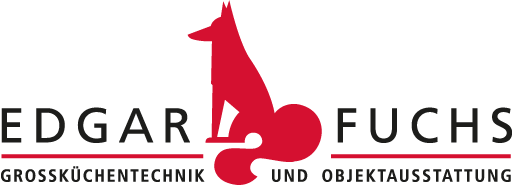 Das Bild ist ein Logo von "Edgar Fuchs". Es zeigt einen roten Fuchs und betont die Bereiche Großküchentechnik und Objekt-Ausstattung.