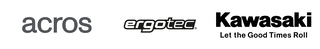 Das Bild zeigt drei Logos: acros, ergotec und Kawasaki. Jedes steht für eine Marke in der Fahrrad- und Motorsportbranche.