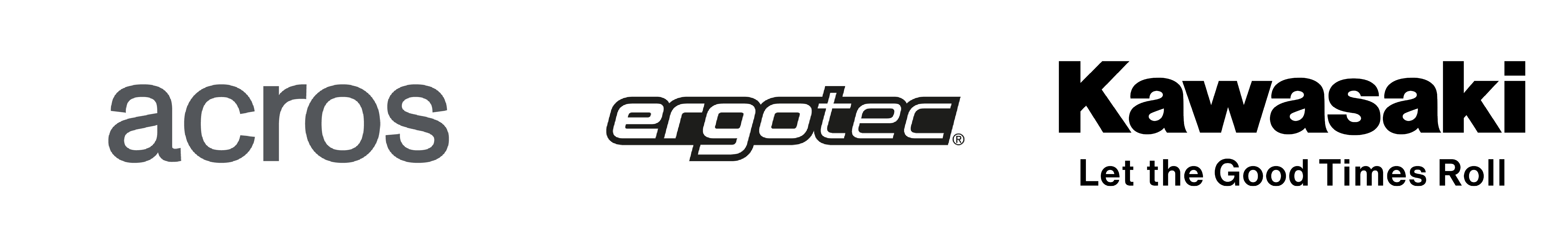 Das Bild zeigt drei Logos: acros, ergotec und Kawasaki. Jedes steht für eine Marke in der Fahrrad- und Motorsportbranche.