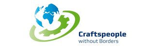 Das Bild zeigt das Logo von "Craftspeople without Borders". Es kombiniert eine stilisierte Weltkugel mit einem Zahnrad, das globale Handwerkskunst symbolisiert.