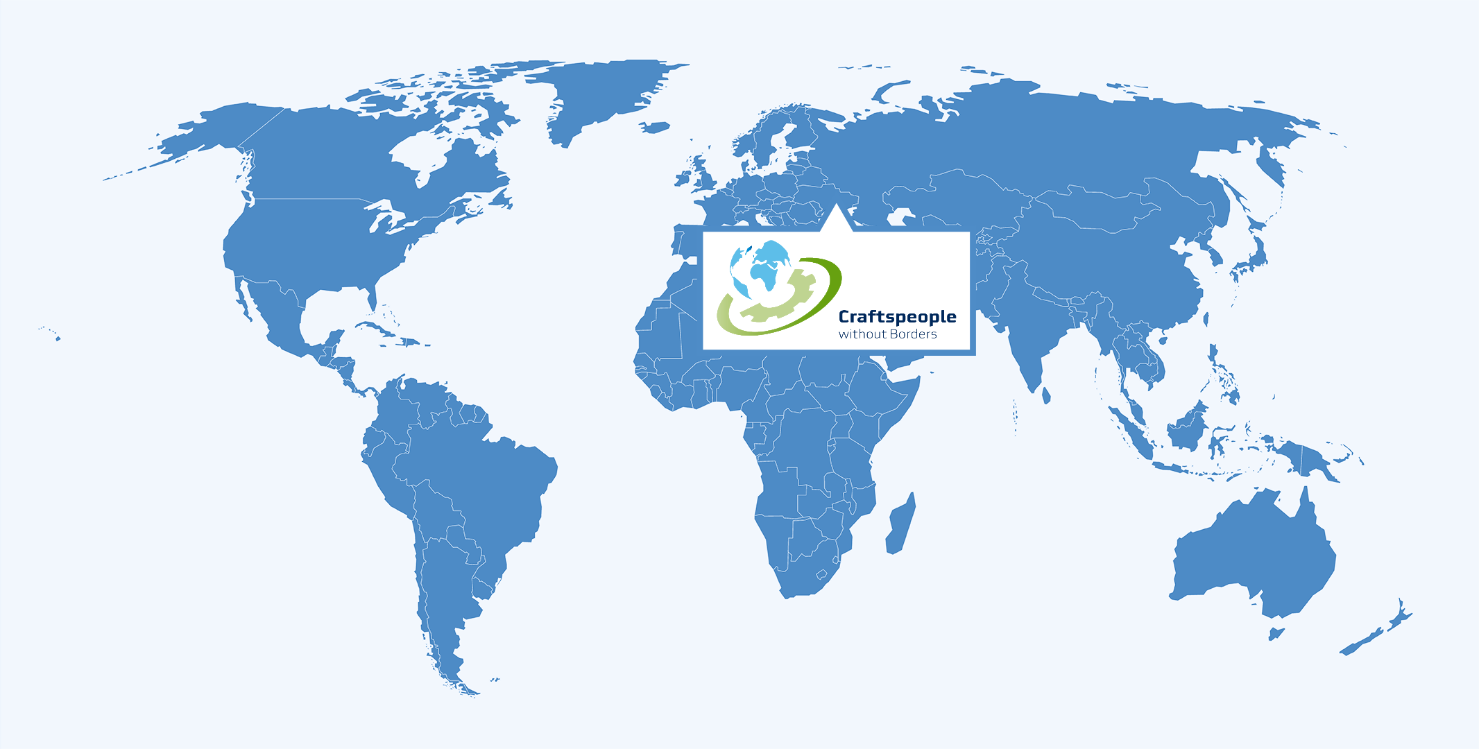 Die Weltkarte zeigt die globalen Aktivitäten von "Craftspeople without Borders" und hebt verschiedene Regionen hervor.