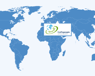 Die Weltkarte zeigt die globalen Aktivitäten von "Craftspeople without Borders" und hebt verschiedene Regionen hervor.