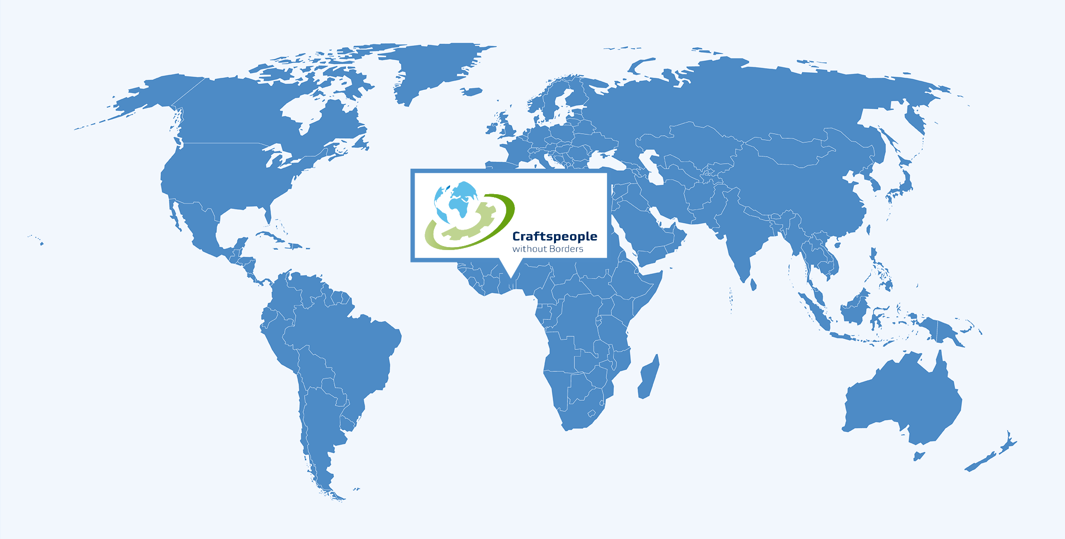 Die Weltkarte zeigt einige Länder in Blau, mit dem Logo von "Craftspeople without Borders" in der Mitte.