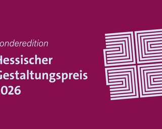 Das Bild zeigt das Logo des Hessischen Gestaltungspreises 2026 in einer Sonderedition auf einem lila Hintergrund.