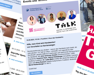 Das Bild zeigt verschiedene Veranstaltungsankündigungen und Informationen über Events, Workshops und Handwerksthemen.