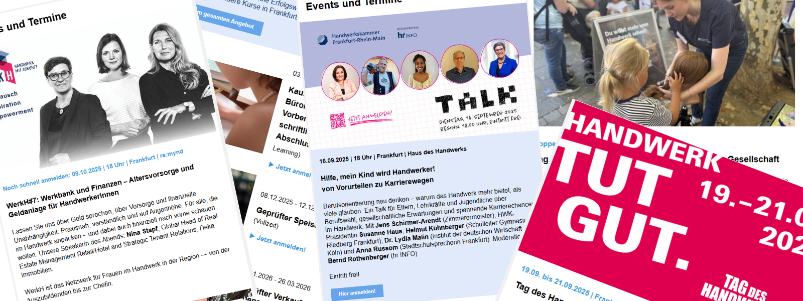 Das Bild zeigt verschiedene Veranstaltungsankündigungen und Informationen über Events, Workshops und Handwerksthemen.