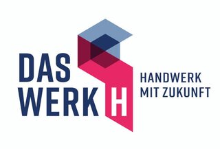 Das Bild zeigt ein modernes Logo mit dem Schriftzug "DAS WERK" und dem Zusatz "HANDWERK MIT ZUKUNFT". Die Farben sind kräftig und ansprechend.