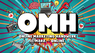 Das Bild zeigt eine dynamische und farbenfrohe Gestaltung mit dem Text "OMH" für das Online Marketing Handwerk am 18. März, online.