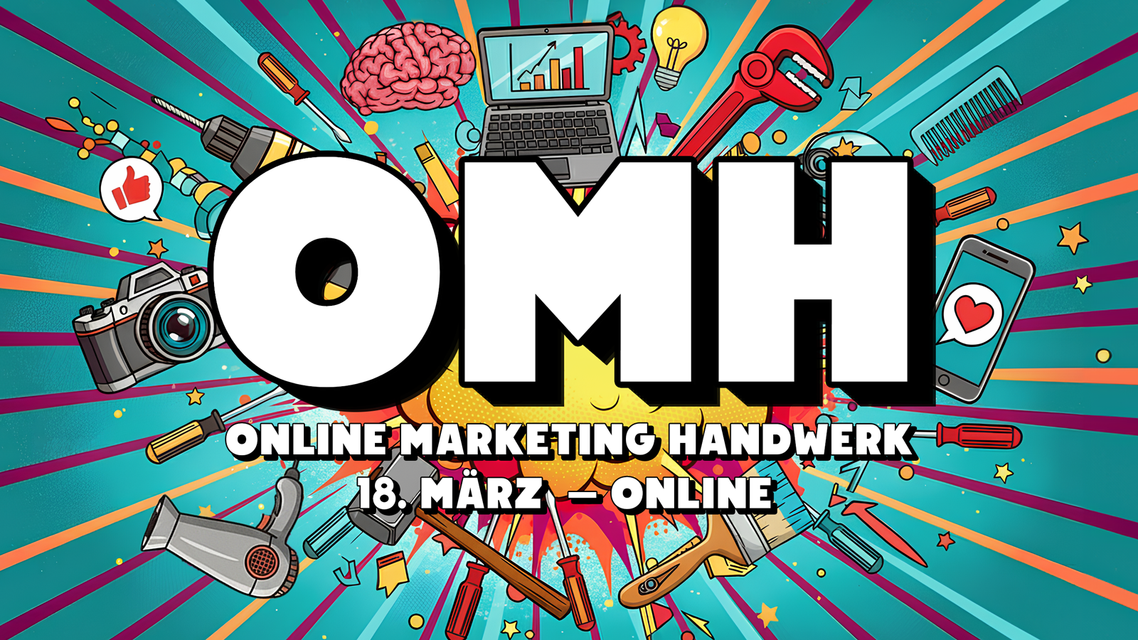 Das Bild zeigt eine dynamische und farbenfrohe Gestaltung mit dem Text "OMH" für das Online Marketing Handwerk am 18. März, online.